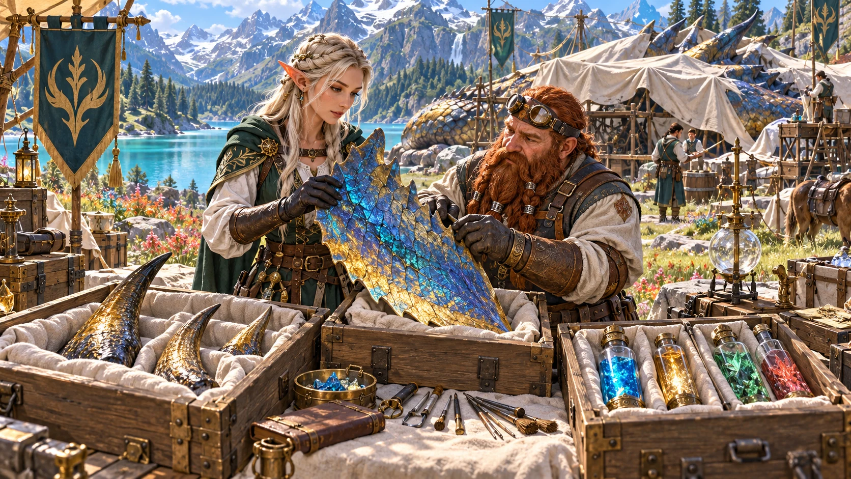 Fantasy harvesters examine a whole blue dragon plate beside extraction tools and preserved components at a mountain camp.