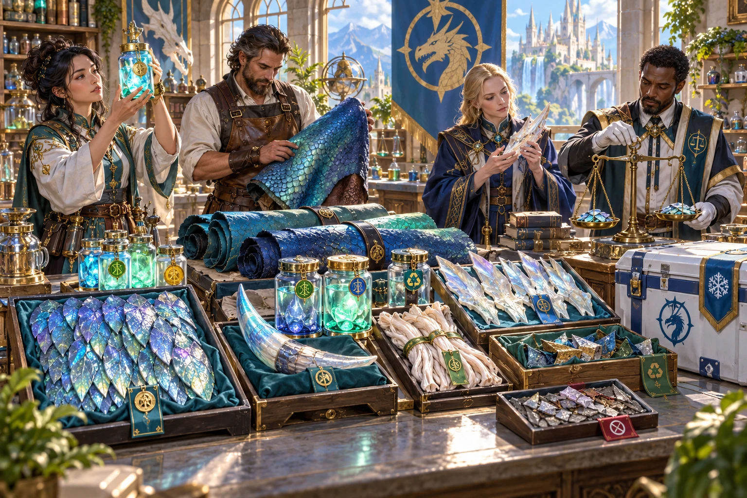 Fantasy craftspeople inspect preserved dragon plates, horns and vials beside weighing scales and packed storage in a bright workshop.