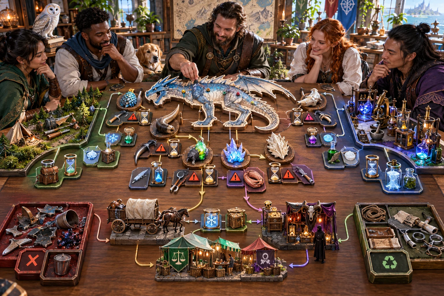 Fantasy companions plan component extraction, written time windows, hazards, preservation, transport and uses around a tabletop creature model.